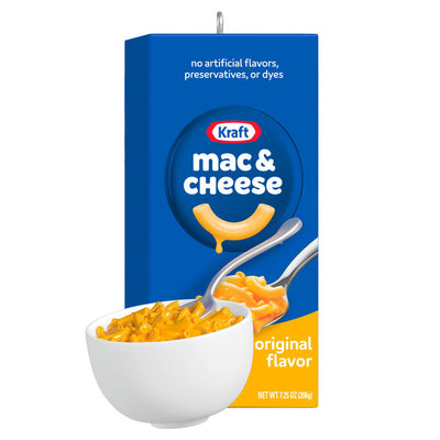 Hallmark ornament of Kraft Mac & Cheese blue box with bowl of cheesy pasta and spoon.