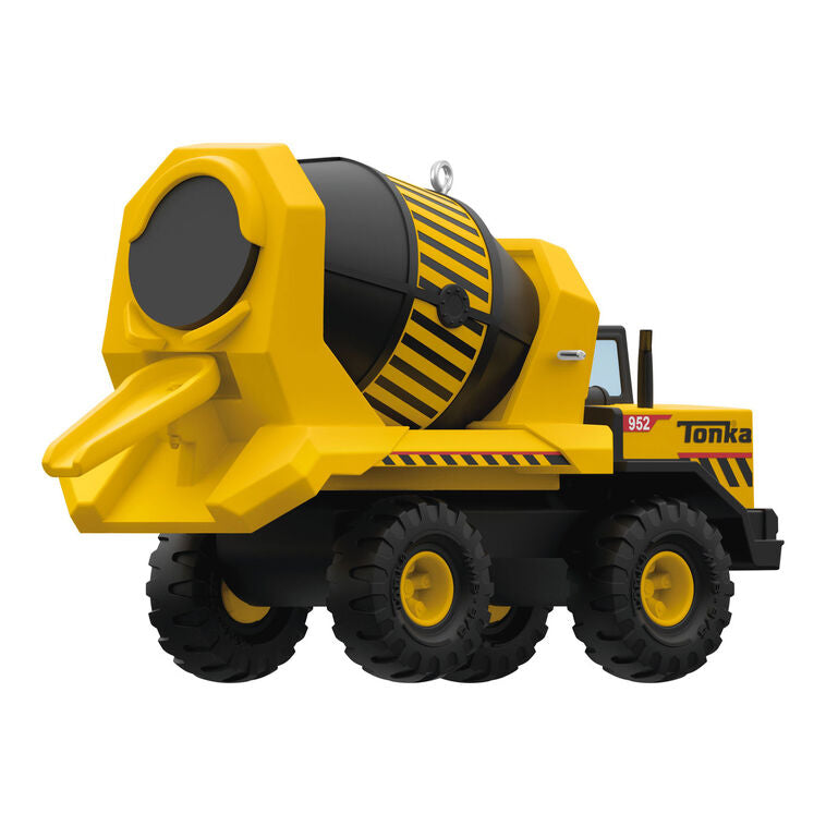 Hallmark Keepsake Hasbro Tonka Mighty Cement Mixer ornament, yellow and black truck with turning drum, inspired by classic construction toy.