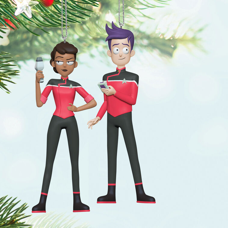 Star Trek Lower Decks ornaments—Beckett Mariner and Bradward Boimler, cartoon crew in red uniforms, Hallmark set of 2
