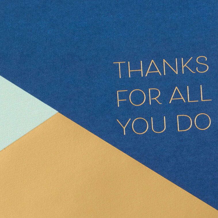 Modern thank you cards with navy, sage, and gold triangle color blocks and foil text, includes 10 blank cards and white envelopes