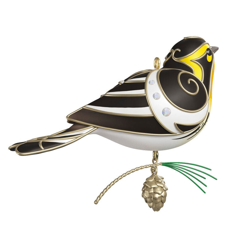 The Beauty of Birds Blackburnian Warbler Christmas tree ornament with black and yellow feathers, metallic silver accents, gem