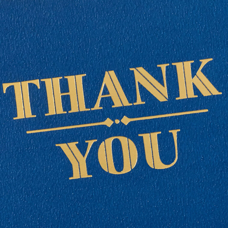 Navy blue thank you cards with formal gold foil block lettering, includes 10 blank cards and white envelopes in a sleek gift box