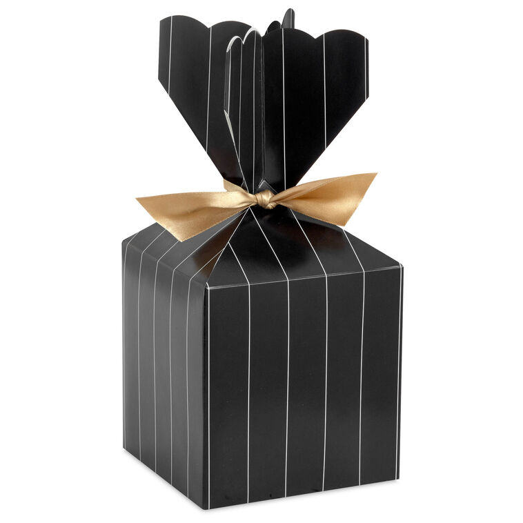 Hallmark vertical treat box with black and gold pinstripes, scalloped top, and gold ribbon tie—perfect for elegant gifts or party favors.