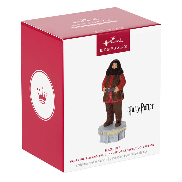 Hallmark Keepsake ornament of Hagrid from Harry Potter, standing on stone base with red coat, light and sound Chamber of Secrets Collection