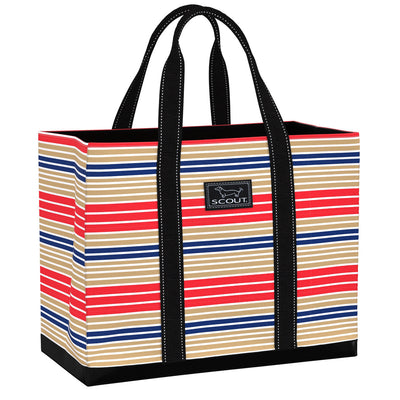 Blue-and-white striped open-top tote bag with black handles, zipper pocket, and sturdy base, ideal for work, travel, or beach use.