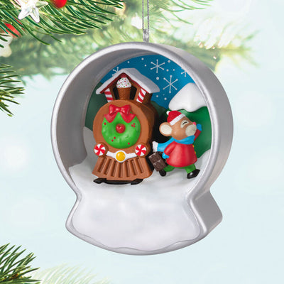 Hallmark Keepsake Cookie Cutter Christmas ornament—silver cookie cutter snow globe with mouse on gingerbread train, frosting and candy details