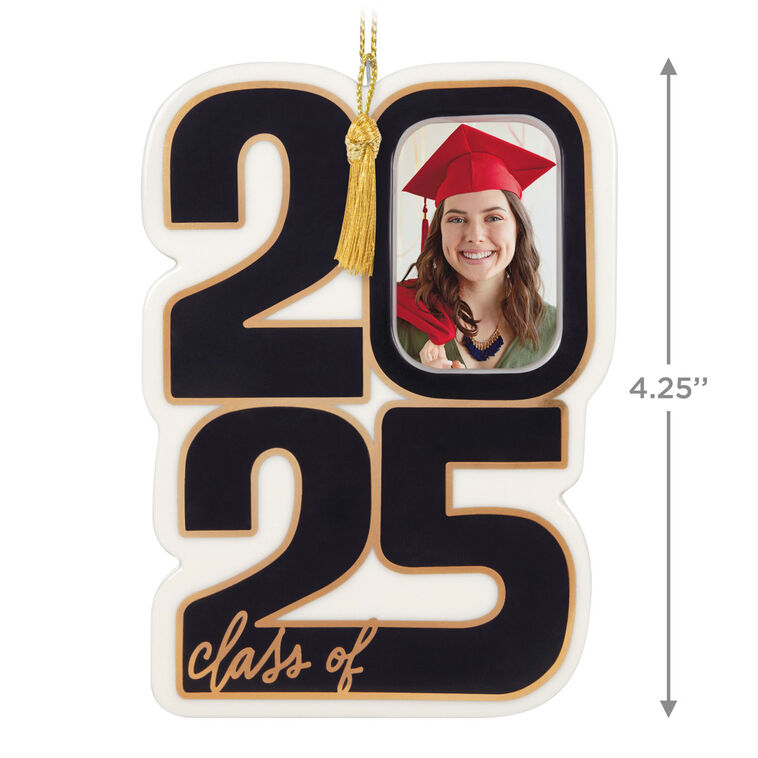 Porcelain ornament with black and white “2025” block numbers, gold accents, red graduation cap, and a photo frame for Class of 2025 graduate.