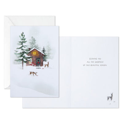 Snowy Cabin and Deer Packaged Christmas Cards, Set of 5