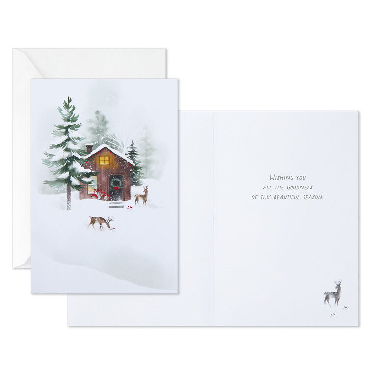 Snowy Cabin and Deer Packaged Christmas Cards, Set of 5