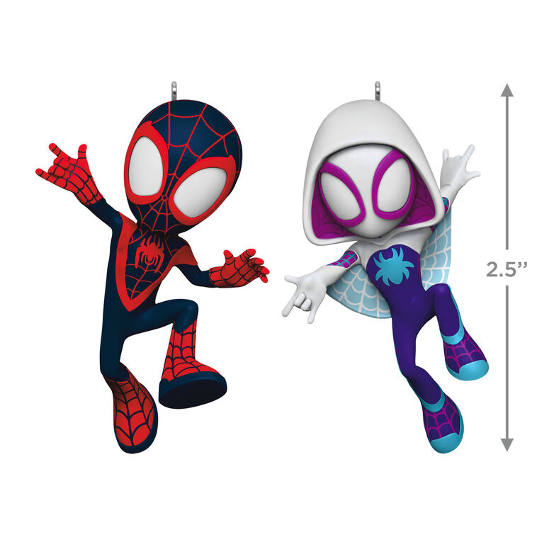 Spidey and His Amazing Friends ornament set, Spin and Ghost-Spider, Marvel characters, Hallmark Keepsake, Christmas tree decoration.