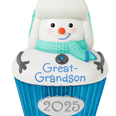 Cupcake-shaped snow-boy ornament with trapper hat and green-blue scarf, year-dated 2025 for great-grandson Christmas gift


