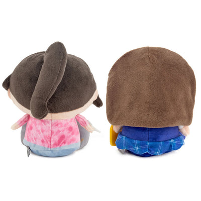 Gilmore Girls plush set of Lorelai and Rory with magnets, pink sweater and school uniform, embroidered features.
