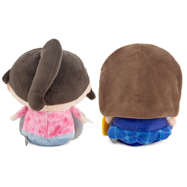 Gilmore Girls plush set of Lorelai and Rory with magnets, pink sweater and school uniform, embroidered features.

