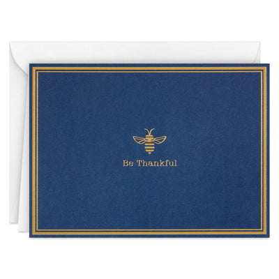 Navy blue thank you cards with gold foil bee illustration and message be thankful, includes 10 blank cards and white envelopes