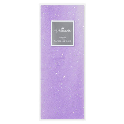 Hallmark amethyst tissue paper with iridescent dots, shown folded, styled in a gift bag, and displayed flat to highlight the shimmer.