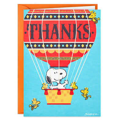 Snoopy and Woodstock flying in red and yellow hot air balloon on thank you cards, includes 12 blank notes with orange-lined envelopes