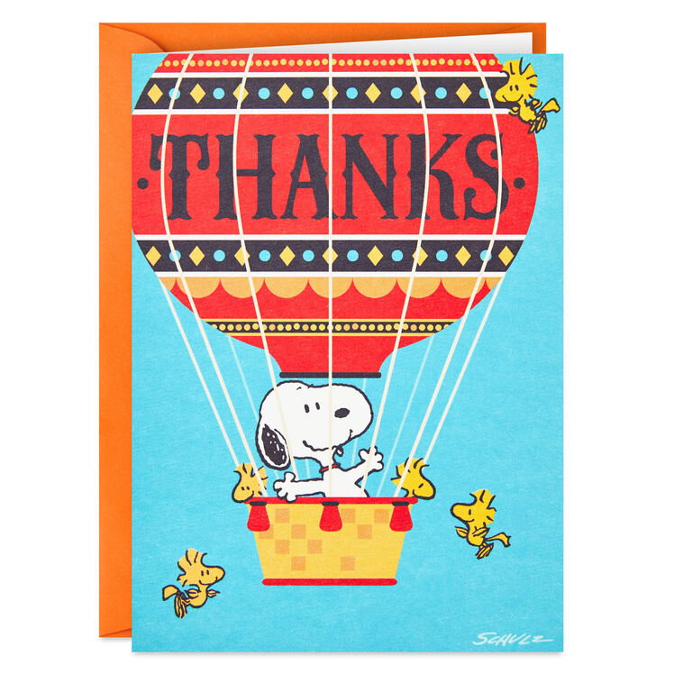 Snoopy and Woodstock flying in red and yellow hot air balloon on thank you cards, includes 12 blank notes with orange-lined envelopes