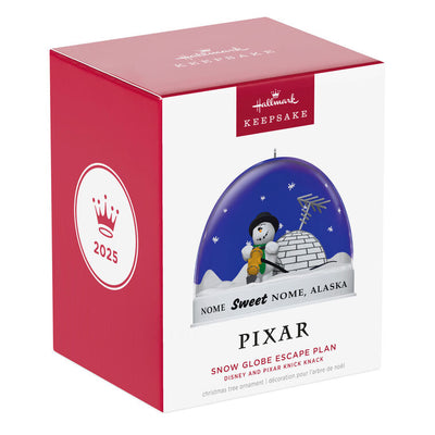 Hallmark Keepsake Knick Knack Snow Globe Escape Plan ornament with snowman inside snow globe labeled Nome, Alaska, Disney/Pixar Christmas decoration.