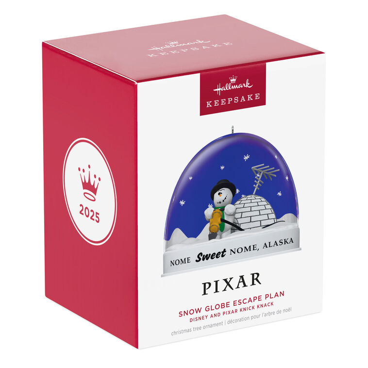 Hallmark Keepsake Knick Knack Snow Globe Escape Plan ornament with snowman inside snow globe labeled Nome, Alaska, Disney/Pixar Christmas decoration.