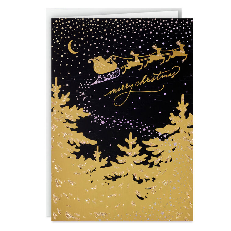 Gold Sleigh in Dark Sky Boxed Christmas Cards, Pack of 16