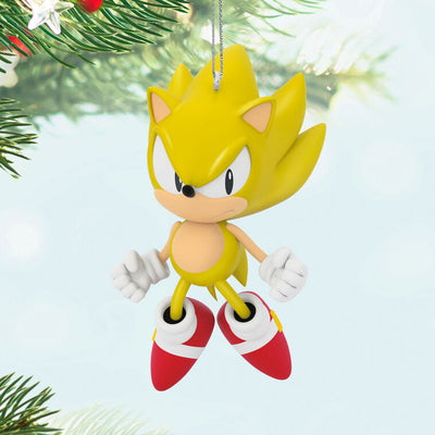 Super Sonic ornament, bright yellow Sonic the Hedgehog in Super State, Hallmark Keepsake, Christmas video game decoration, Chaos Emerald power.
