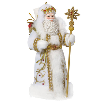 Santa in white coat with gold staff, red gems, gold trim, and faux fur, holding scroll pack, Hallmark Keepsake Father Christmas ornament
