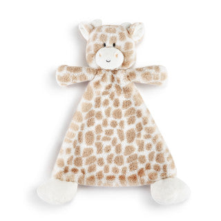 Yellow plush giraffe rattle blankie with embroidered face, ultra-soft fabric, and 13-inch cuddly shape.

