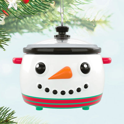 Mini slow cooker Christmas ornament with snowman face, red and green accents, Hallmark Keepsake holiday collectible
