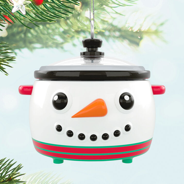 Mini slow cooker Christmas ornament with snowman face, red and green accents, Hallmark Keepsake holiday collectible
