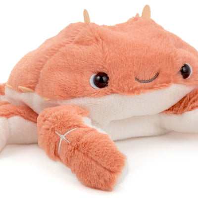 Orange and white plush crab stuffed animal made of soft fabric with floppy claws, perfect for cuddling or nautical nursery