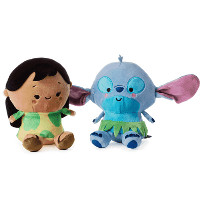 Disney plush Lilo and Stitch with magnets and sound feature, connected as a soft stuffed toy duo for best friends.
