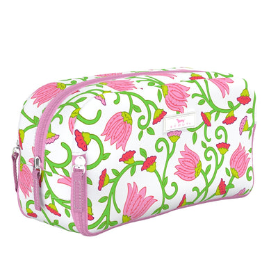 Late Bloomer 3-Zip toiletry bag with three compartments for organizing toiletries, makeup, or school supplies; stands upright.