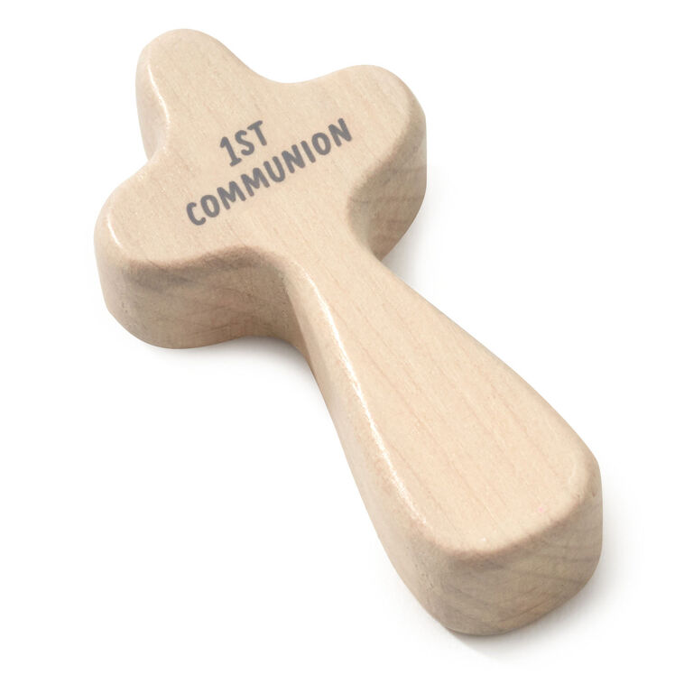 Hallmark light wood mini comfort cross with “1st Communion” and Luke 24:30 printed in gray lettering.