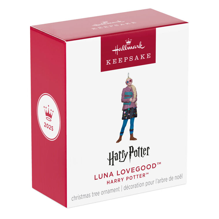 Luna Lovegood in purple coat holding The Quibbler and wearing Spectrespecs, mini Hallmark Christmas ornament, Harry Potter collectible
