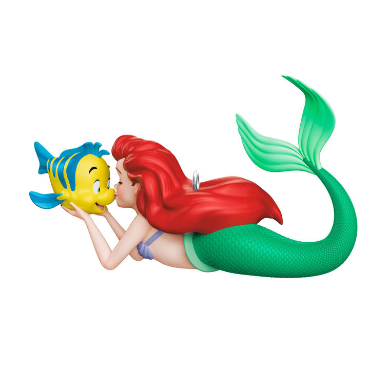 Ariel ornament from The Little Mermaid holding Flounder and giving him a kiss, with her green tail curled beside her