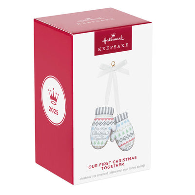 Porcelain Christmas ornament with pair of colorful knit mittens and “Our First Christmas Together 2025” message

