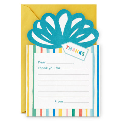Prompted thank you cards shaped like a gift with teal bow and rainbow stripes; flat cards for kids with envelopes, pack of 10