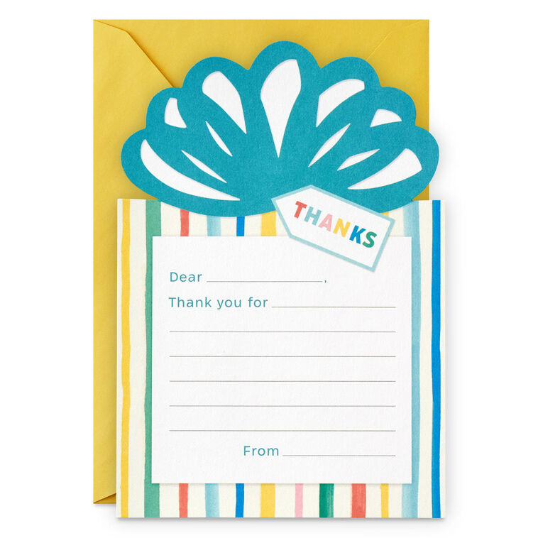 Prompted thank you cards shaped like a gift with teal bow and rainbow stripes; flat cards for kids with envelopes, pack of 10