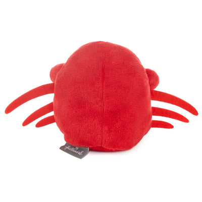 Smiling red plush crab with wire claws holding a gift card, perfect for fun gift presentation.
