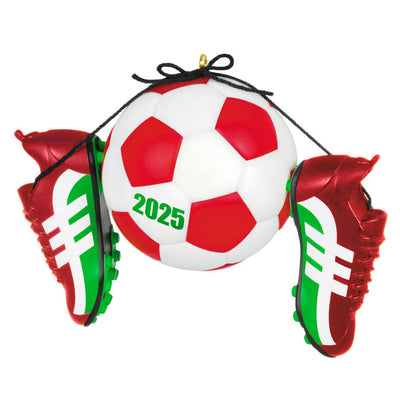 Christmas ornament with soccer ball and red-green cleats, year-dated 2025 for soccer players and coaches

