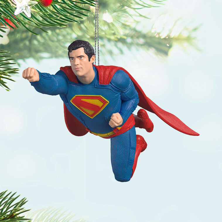 Superman ornament, DC Comics hero in blue and red suit, flying pose, Hallmark Keepsake, Christmas tree decoration, Man of Steel collectible.