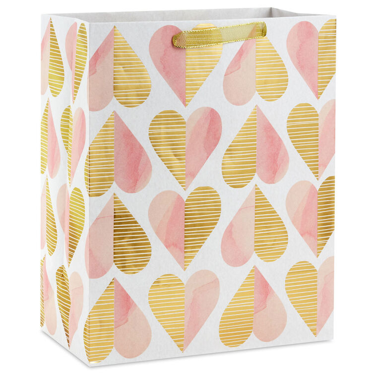 Hallmark 13-inch large gift bag with gold foil and pink watercolor hearts, romantic heart pattern, and sturdy handles

