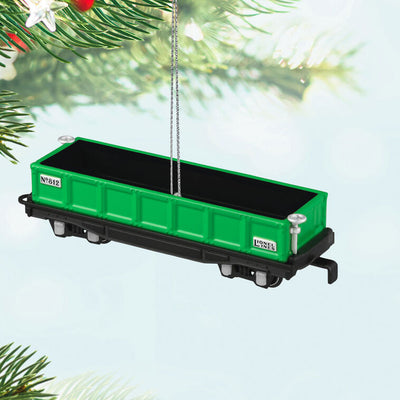 Hallmark Keepsake Lionel 812 Gondola Car ornament, green die-cast metal open-top railroad car with wheels that turn, for Lionel Trains collectors