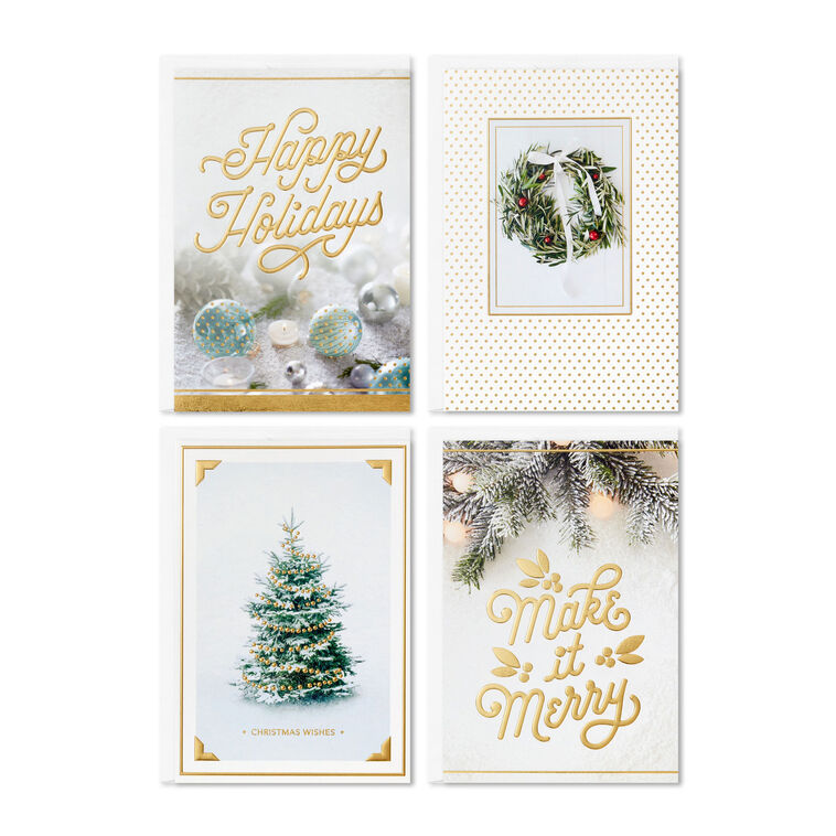 Gold and White Winter Wishes Boxed Christmas Cards Assortment, Pack of 40