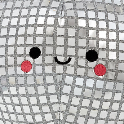 Smiling plush disco ball with silver sequins and arms, spins and plays 'Celebration' by Kool & the Gang.

