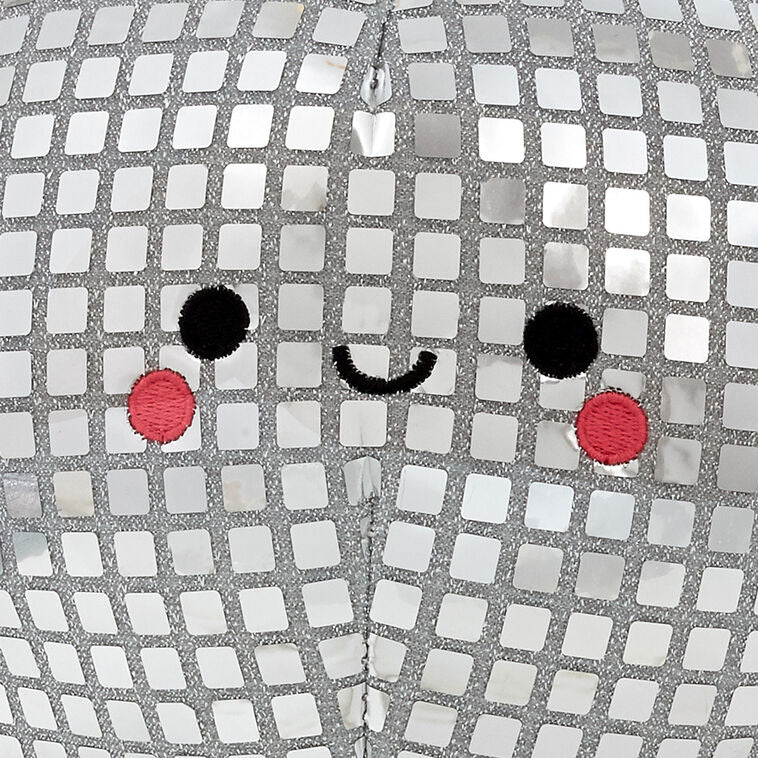 Smiling plush disco ball with silver sequins and arms, spins and plays &