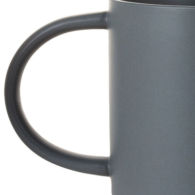 Blue-gray ceramic mug with white banner that reads “Parenting is tough. I blame kids,” oversized handle and stackable base.