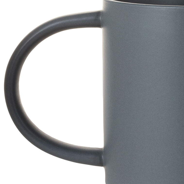Blue-gray ceramic mug with white banner that reads “Parenting is tough. I blame kids,” oversized handle and stackable base.