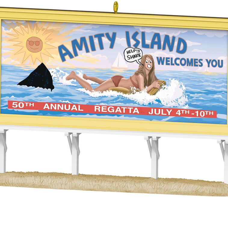 Jaws 50th Anniversary ornament, Amity Island billboard, lenticular image, shark fin, Hallmark Keepsake Christmas decoration.