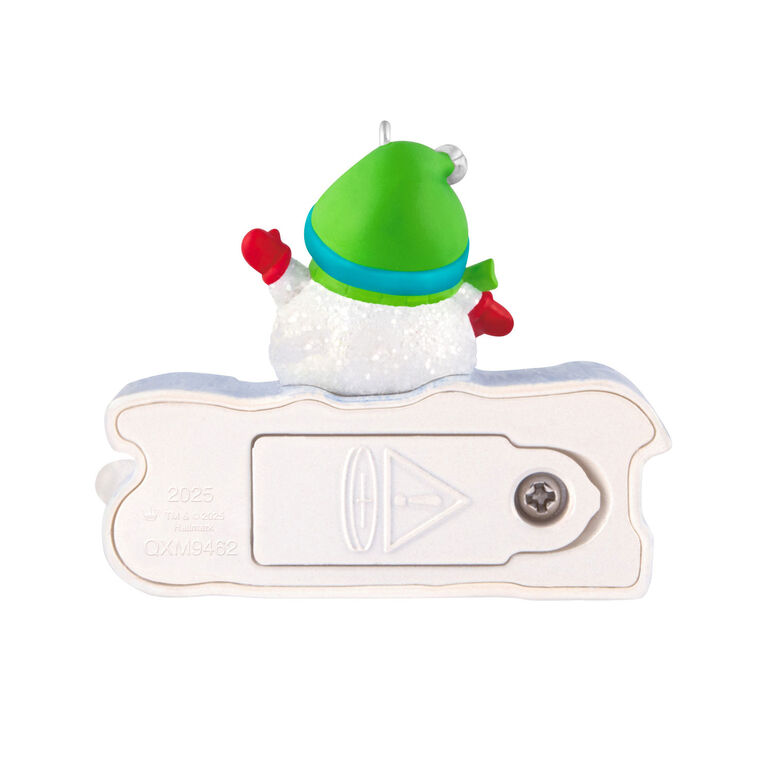 Glittery snowman in green hat and scarf atop snow-sculpted 2025, light-up mini Hallmark Christmas ornament, holiday collectible
